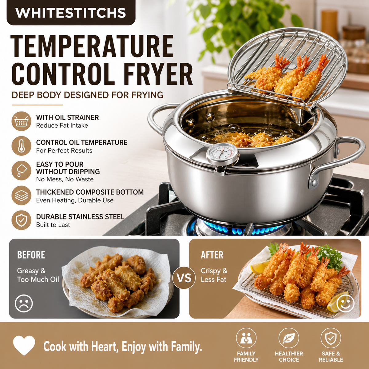 201 Stainless Steel Tempura Fryer Pot – Thermometer, Drain Rack, Deep‑Body