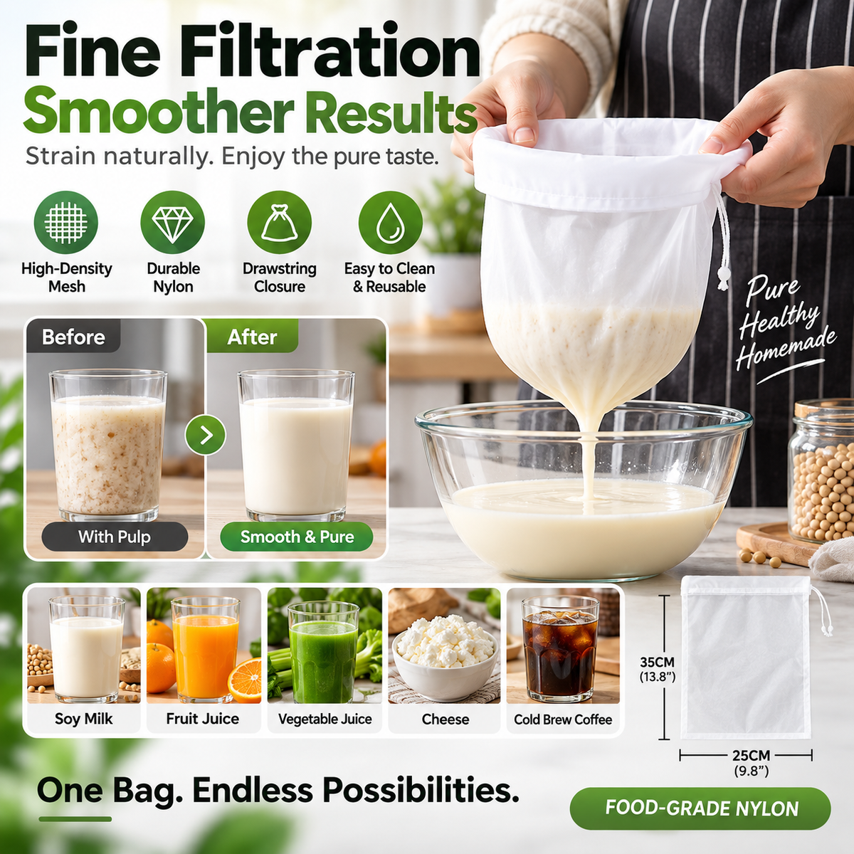 Strainer Bag – High-density mesh, drawstring & reusable. Smooth filtering