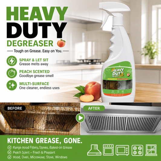 Heavy-Duty Kitchen Degreaser Spray – Fast-Acting Grease Melter, for Range Hoods & Refreshing Peach Aroma – One Spray, Spotless Kitchen