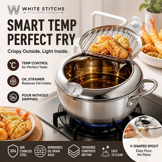 201 Stainless Steel Tempura Fryer Pot – Thermometer, Drain Rack, Deep‑Body