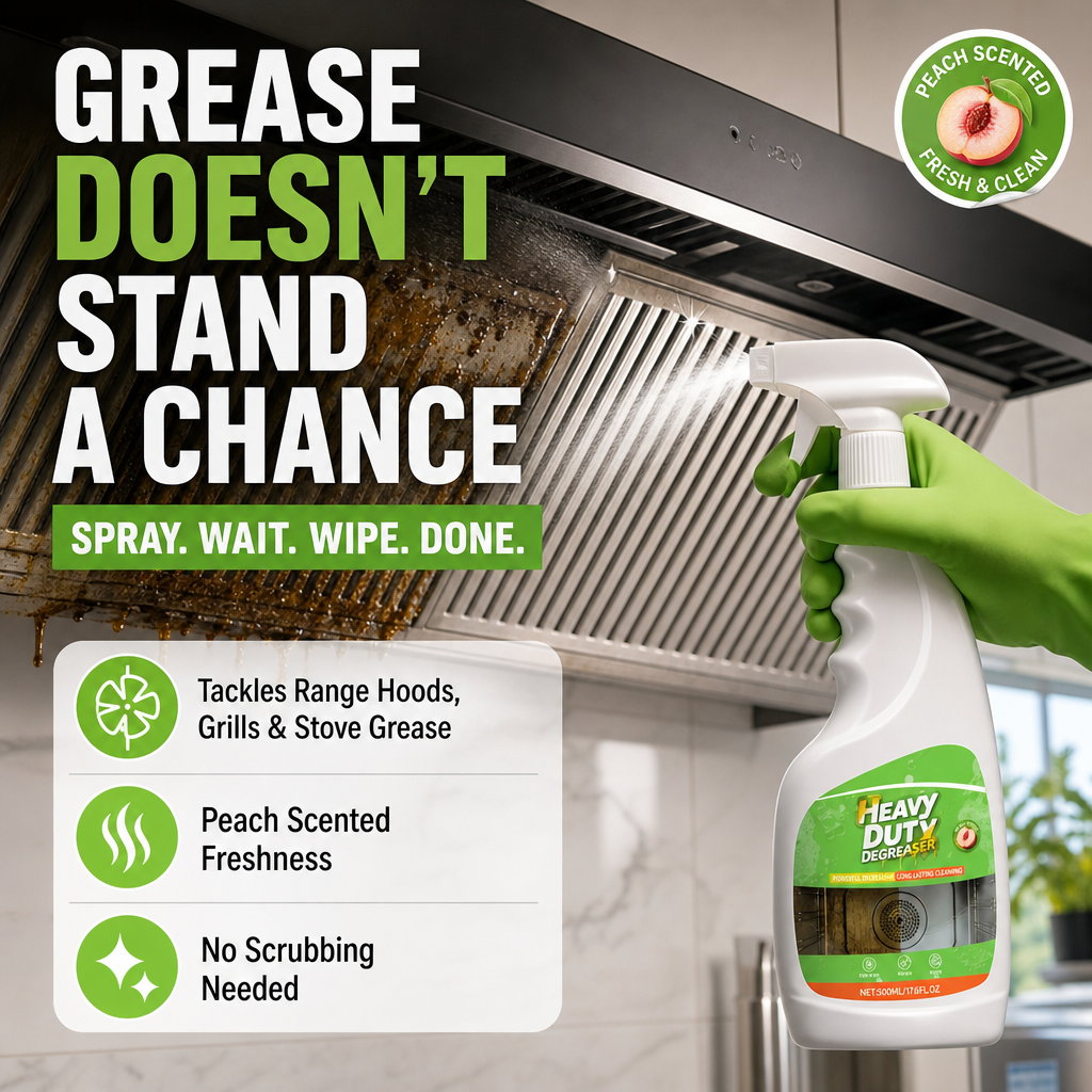 Heavy-Duty Kitchen Degreaser Spray – Fast-Acting Grease Melter, for Range Hoods & Refreshing Peach Aroma – One Spray, Spotless Kitchen