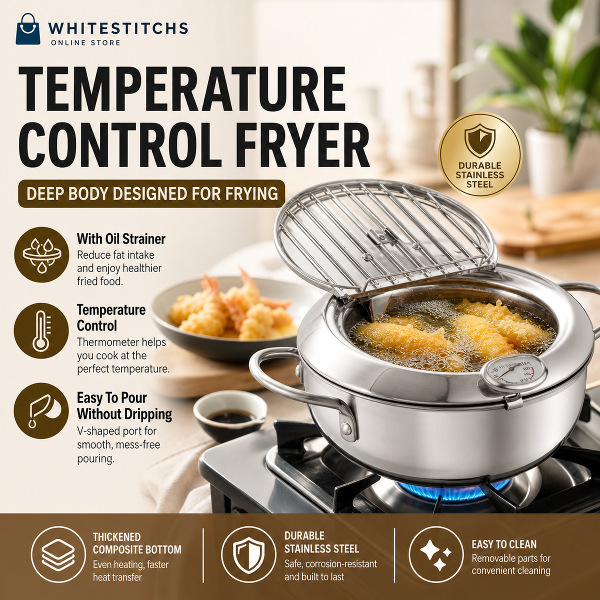 201 Stainless Steel Tempura Fryer Pot – Thermometer, Drain Rack, Deep‑Body