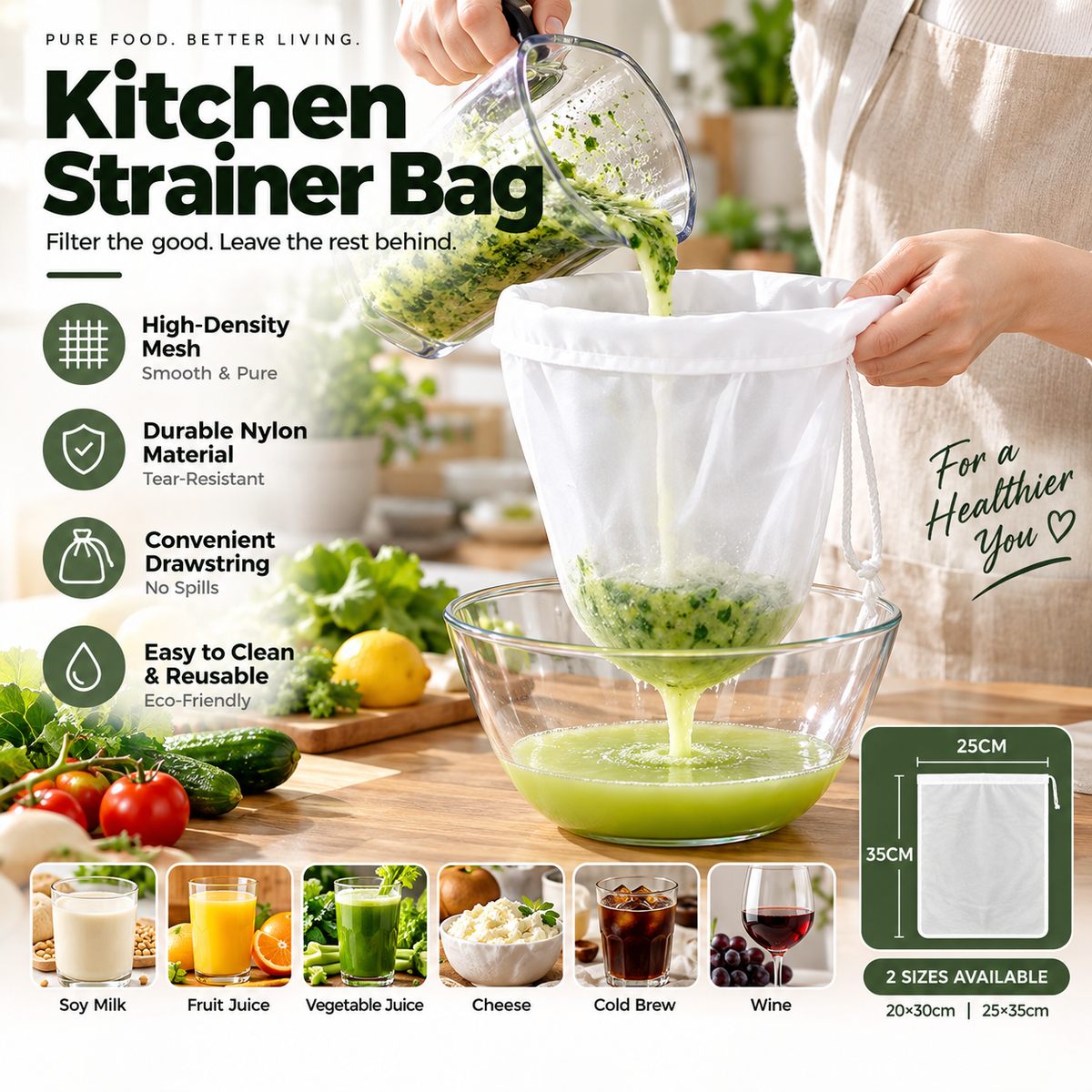 Strainer Bag – High-density mesh, drawstring & reusable. Smooth filtering