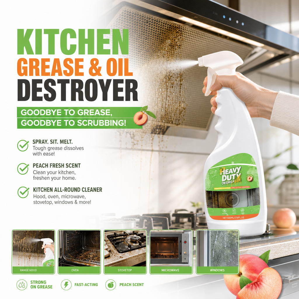 Heavy-Duty Kitchen Degreaser Spray – Fast-Acting Grease Melter, for Range Hoods & Refreshing Peach Aroma – One Spray, Spotless Kitchen
