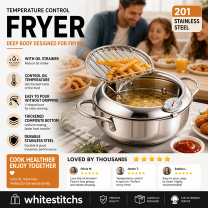 201 Stainless Steel Tempura Fryer Pot – Thermometer, Drain Rack, Deep‑Body