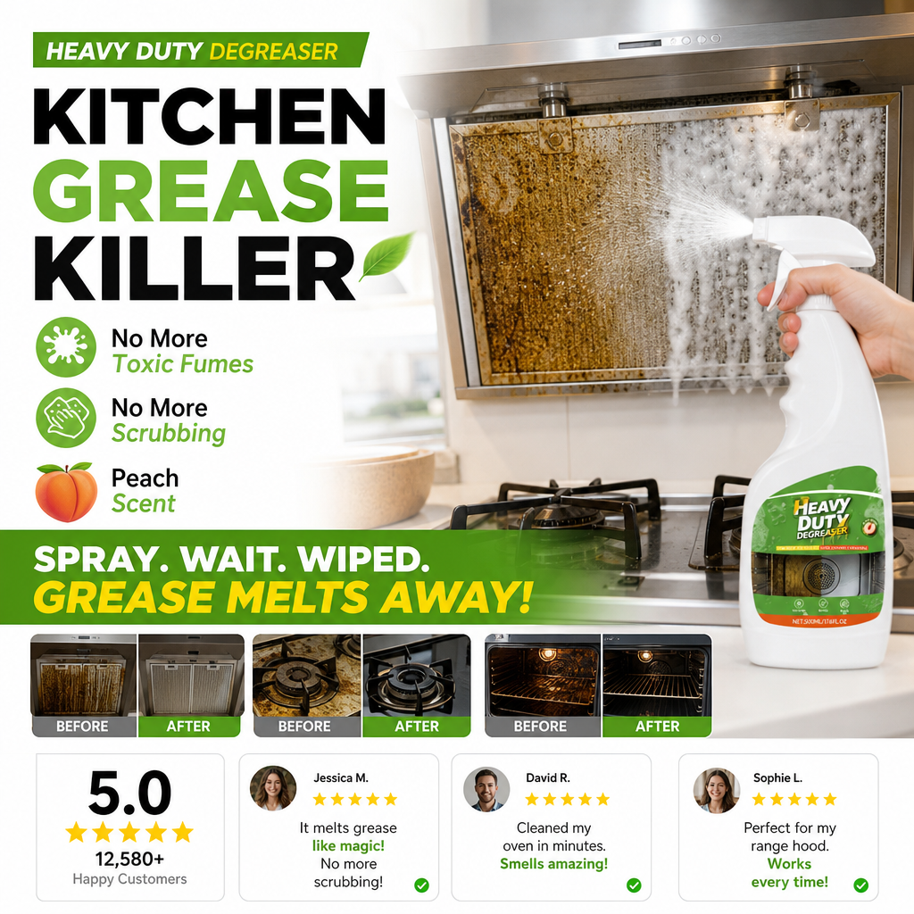 Heavy-Duty Kitchen Degreaser Spray – Fast-Acting Grease Melter, for Range Hoods & Refreshing Peach Aroma – One Spray, Spotless Kitchen