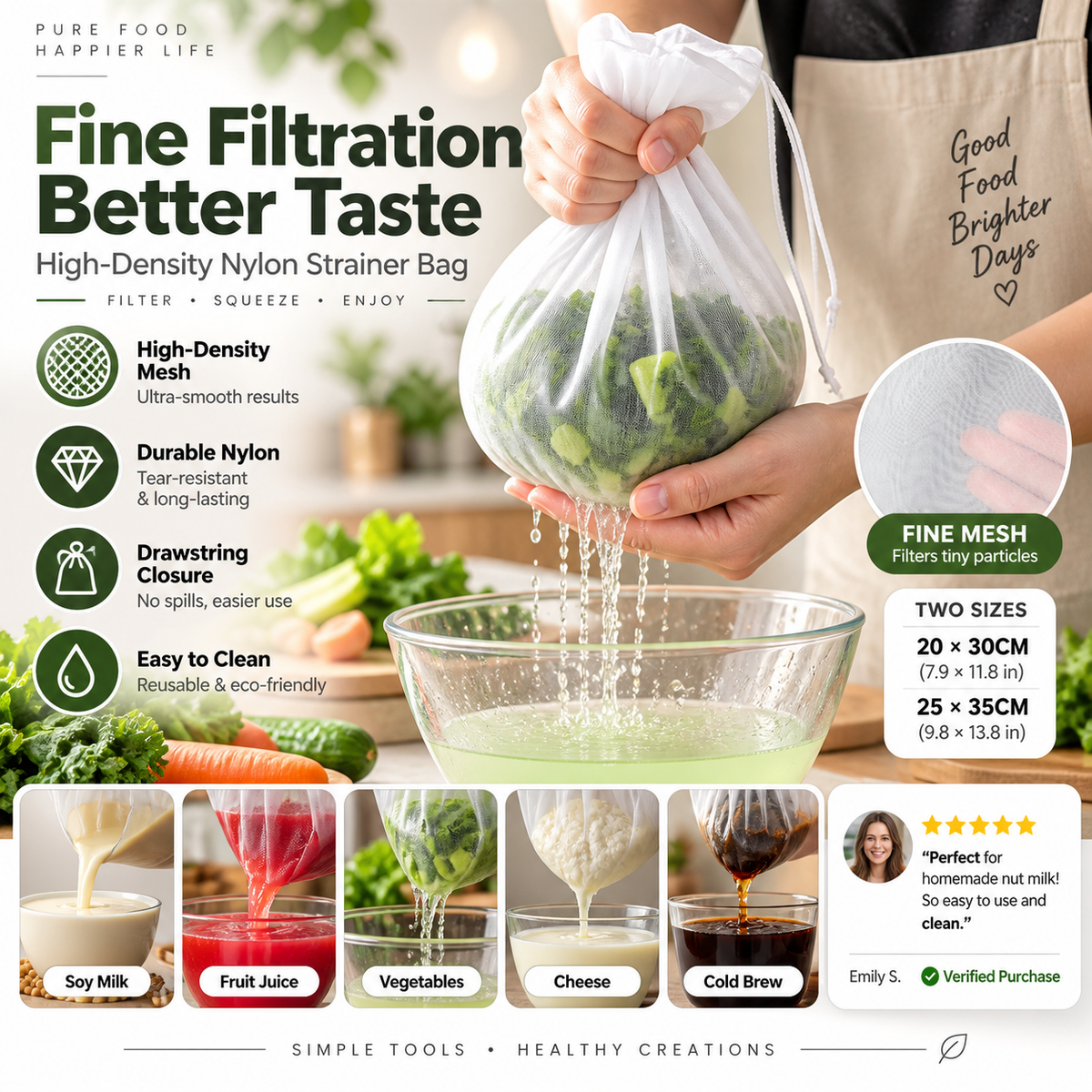 Strainer Bag – High-density mesh, drawstring & reusable. Smooth filtering