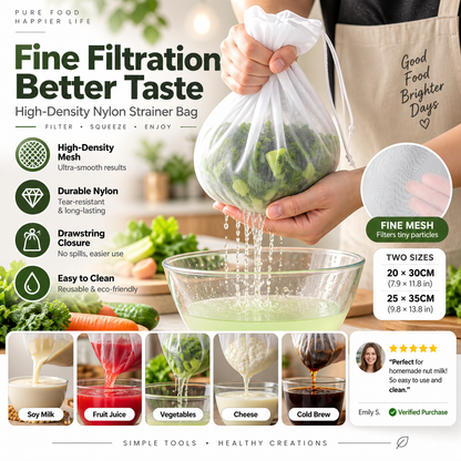 Strainer Bag – High-density mesh, drawstring & reusable. Smooth filtering