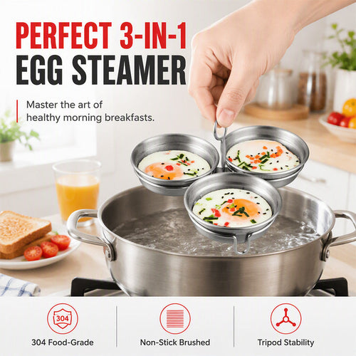3-in-1 Stainless Steel Egg Poacher – Poach, Steam, Bake – 304 Steel, Non-Stick Release, One Pan, Endless Breakfasts