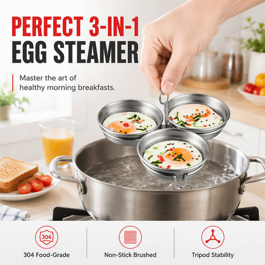 3-in-1 Stainless Steel Egg Poacher – Poach, Steam, Bake – 304 Steel, Non-Stick Release, One Pan, Endless Breakfasts