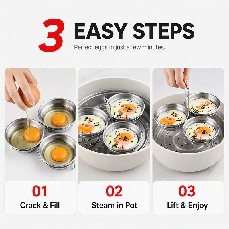 3-in-1 Stainless Steel Egg Poacher – Poach, Steam, Bake – 304 Steel, Non-Stick Release, One Pan, Endless Breakfasts