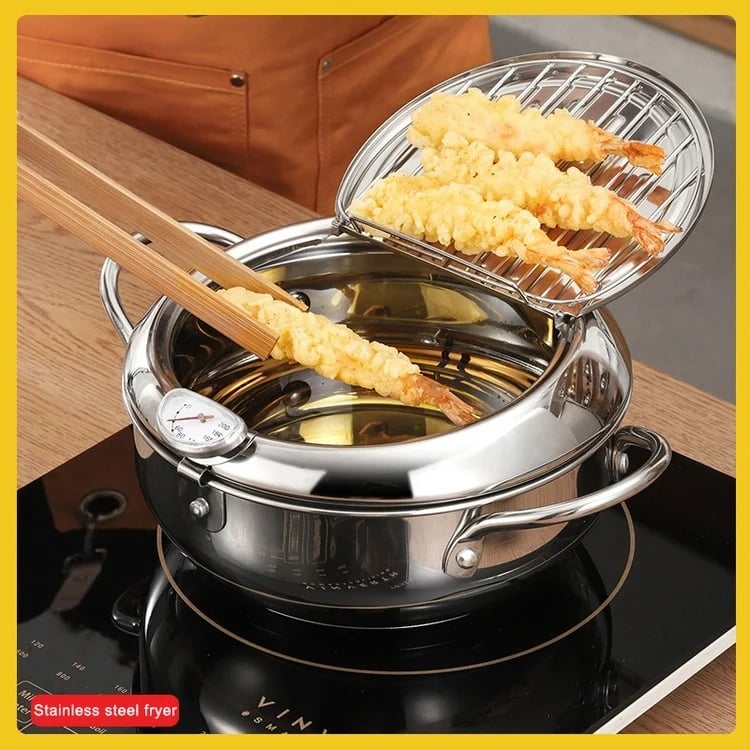 201 Stainless Steel Tempura Fryer Pot – Thermometer, Drain Rack, Deep‑Body
