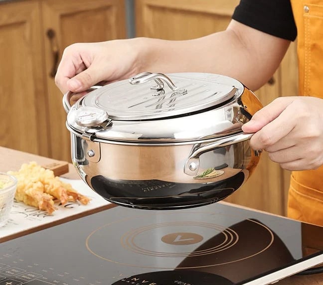201 Stainless Steel Tempura Fryer Pot – Thermometer, Drain Rack, Deep‑Body