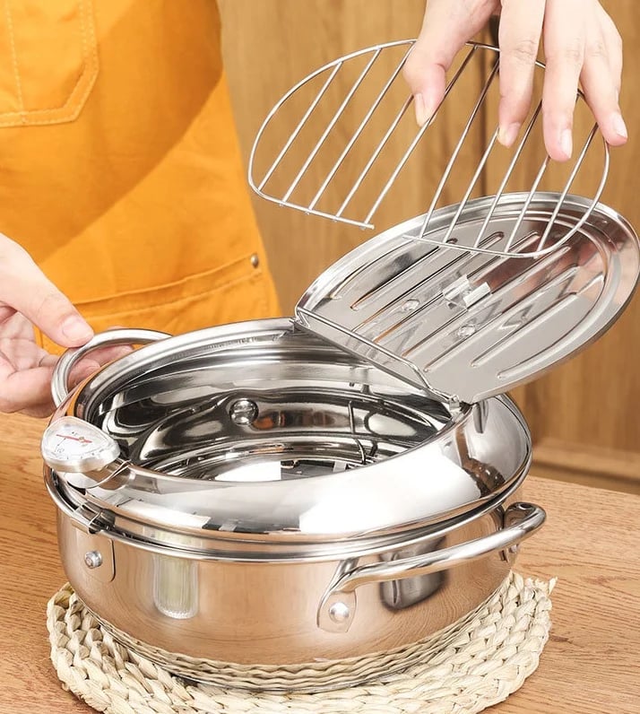 201 Stainless Steel Tempura Fryer Pot – Thermometer, Drain Rack, Deep‑Body