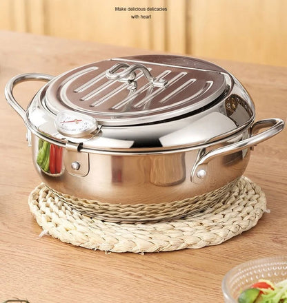 201 Stainless Steel Tempura Fryer Pot – Thermometer, Drain Rack, Deep‑Body