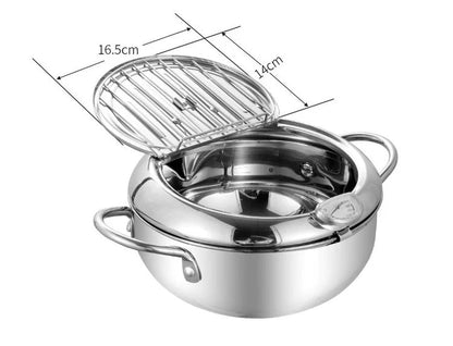 201 Stainless Steel Tempura Fryer Pot – Thermometer, Drain Rack, Deep‑Body