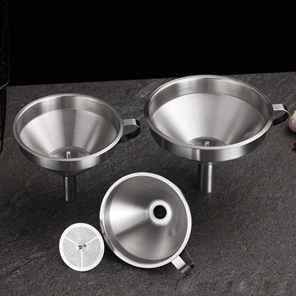 Stainless Steel Filter Funnel – Removable Fine Mesh Filter, Wide Opening & Smooth Fast Flow – Food-Grade Kitchen & Lab Essential in 5 Sizes