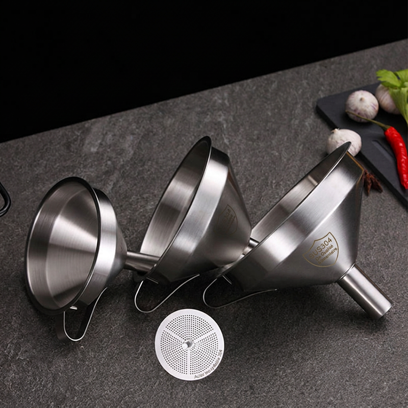 Stainless Steel Filter Funnel – Removable Fine Mesh Filter, Wide Opening & Smooth Fast Flow – Food-Grade Kitchen & Lab Essential in 5 Sizes