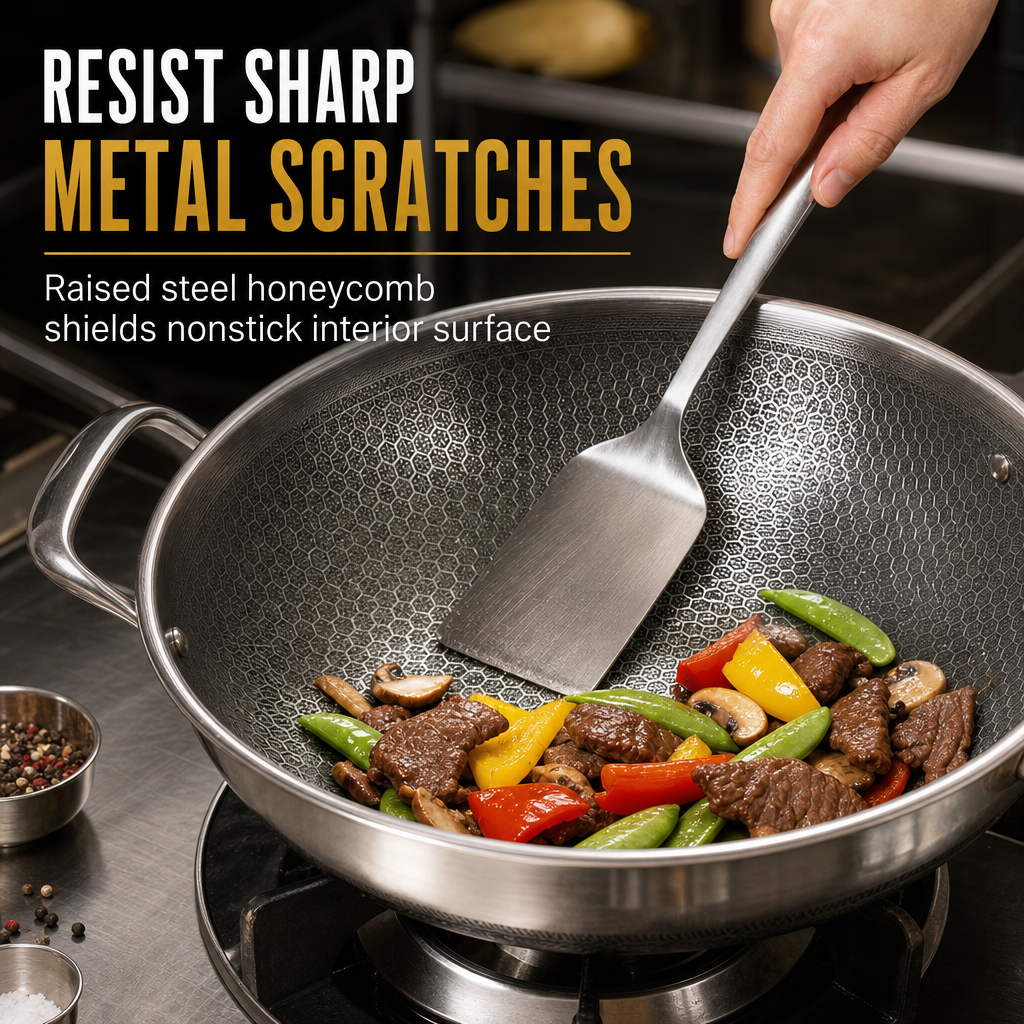 Thickened Stainless Steel Nonstick Stir Fry Pan with Lid Flat Bottom Cooking Wok with Dual Handles