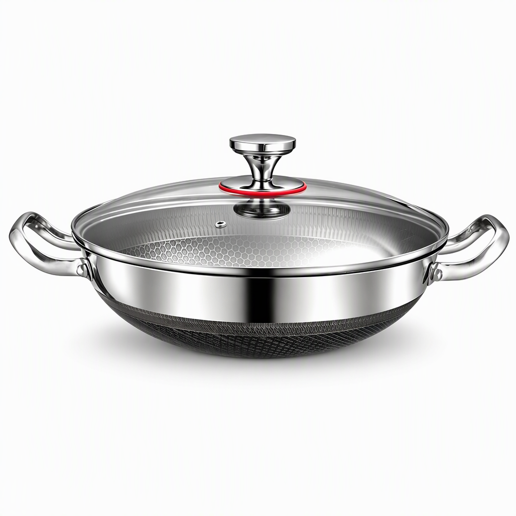 Thickened Stainless Steel Nonstick Stir Fry Pan with Lid Flat Bottom Cooking Wok with Dual Handles