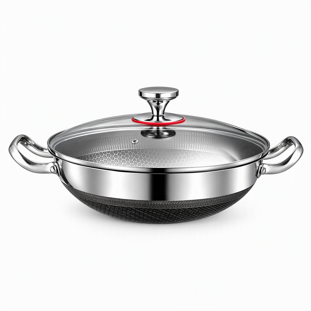 Thickened Stainless Steel Nonstick Stir Fry Pan with Lid Flat Bottom Cooking Wok with Dual Handles
