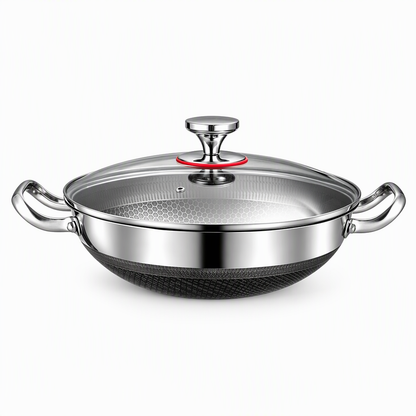 Thickened Stainless Steel Nonstick Stir Fry Pan with Lid Flat Bottom Cooking Wok with Dual Handles