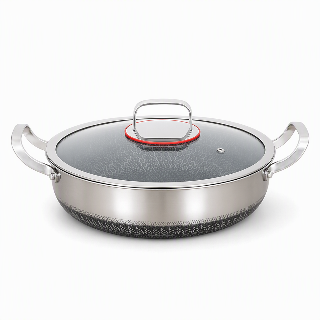 Thickened Stainless Steel Nonstick Stir Fry Pan with Lid Flat Bottom Cooking Wok with Dual Handles