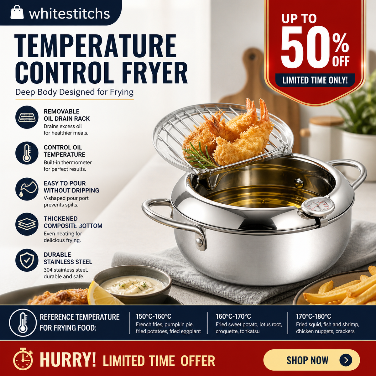 201 Stainless Steel Tempura Fryer Pot – Thermometer, Drain Rack, Deep‑Body